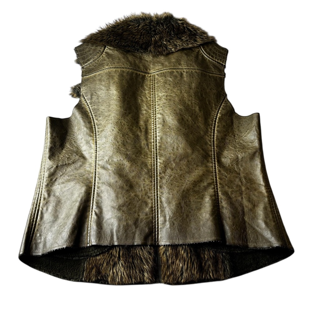 FORNIA Womens Faux Leather Fur Lined Vest Olive Green Moto Zip Pockets Size M - Picture 3 of 12